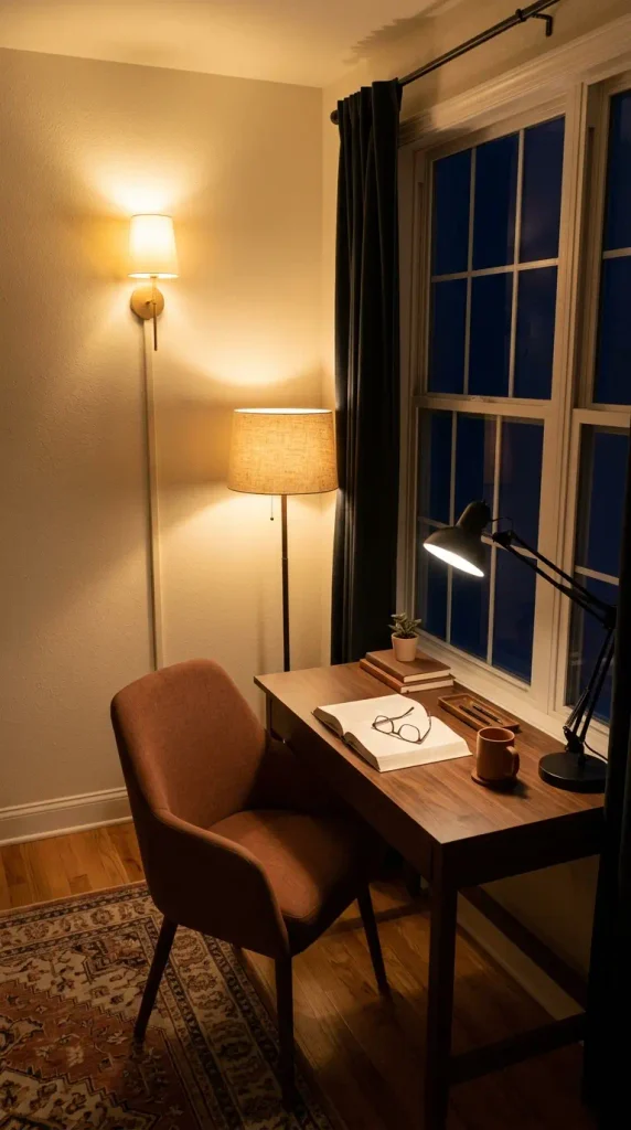 Study nook at night lit by a floor lamp, a swing-arm desk lamp, and a plug-in sconce