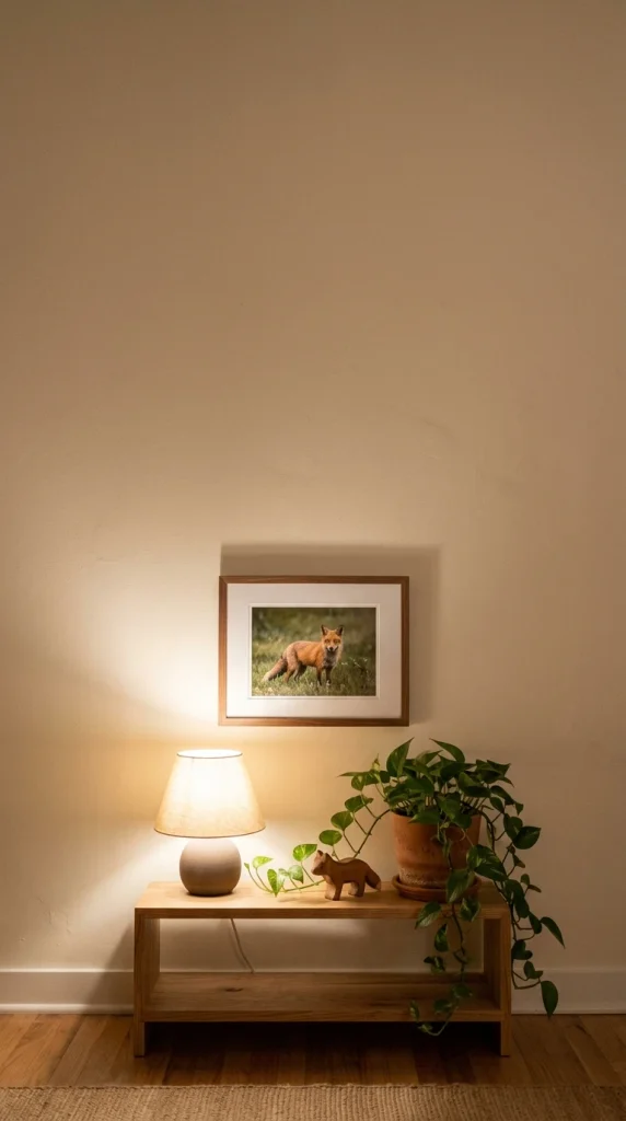 Real fox photo hung at child eye level above a low shelf in a calm Montessori playroom