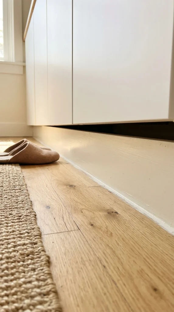 Recessed toe-kick base under IKEA Besta cabinets so the doors look like built-in cabinetry