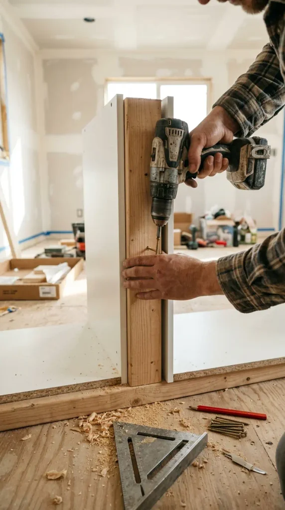 Reinforcing an IKEA Besta bench with a 2x4 base and uprights between the cabinet frames