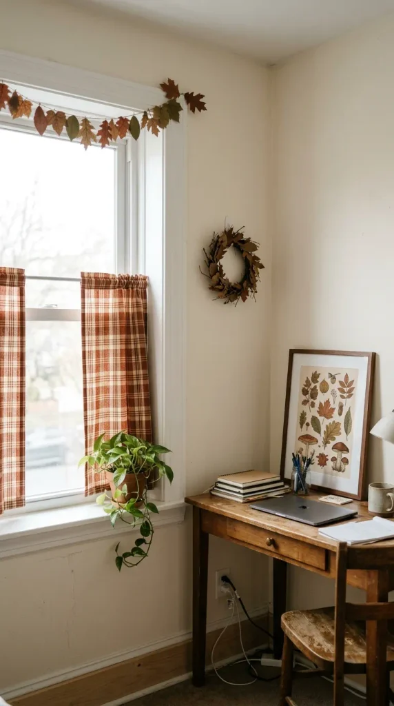 Renter friendly fall window decor with a tension rod cafe curtain and leaf garland beside a desk