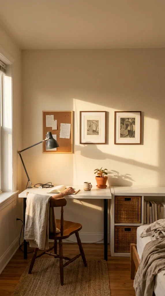Renter-friendly study room corner with a freestanding desk, clamp lamp, cube shelf and no-drill wall art