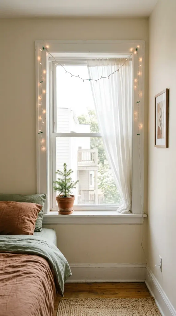 Renter-safe Christmas lights draped on a tension rod inside an apartment window
