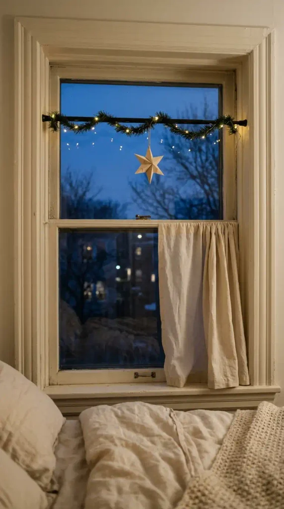 Renter safe tension rod holding lit garland inside a bedroom window at dusk