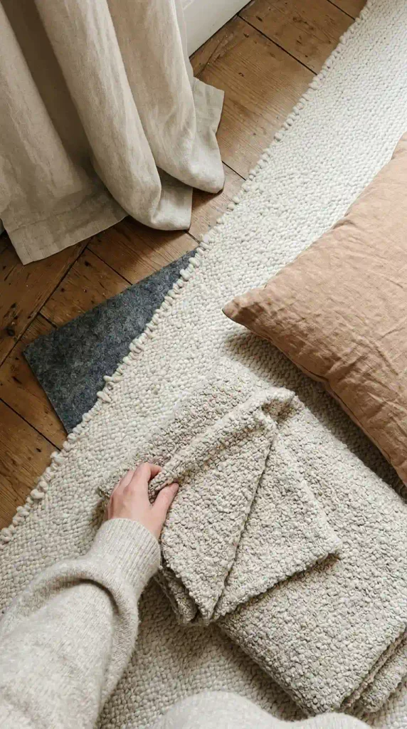 Rug pad, wool rug, boucle throw and curtain hem layered to quiet a small living room
