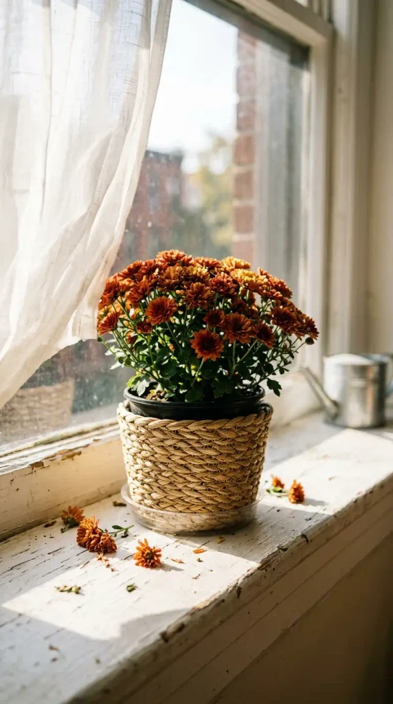 Rust mini mum in its nursery pot inside a small seagrass fall basket on a sunny windowsill