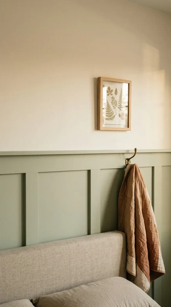 Sage board and batten paneling behind a bed in an English cottage style bedroom