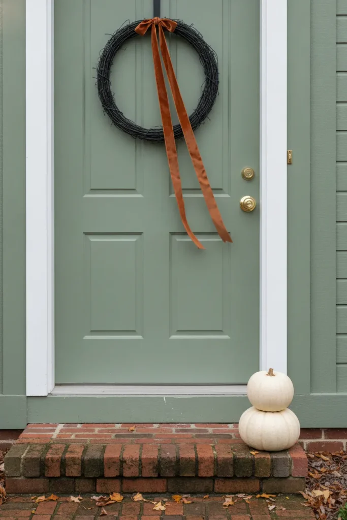 Sage green door with a black twig wreath and rust ribbon as color matched Halloween front door decor