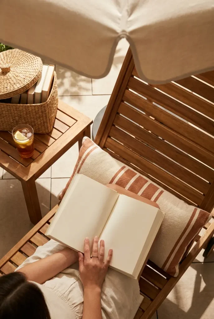 Shaded outdoor reading corner under a beige umbrella with a reclining chair, book, and side table