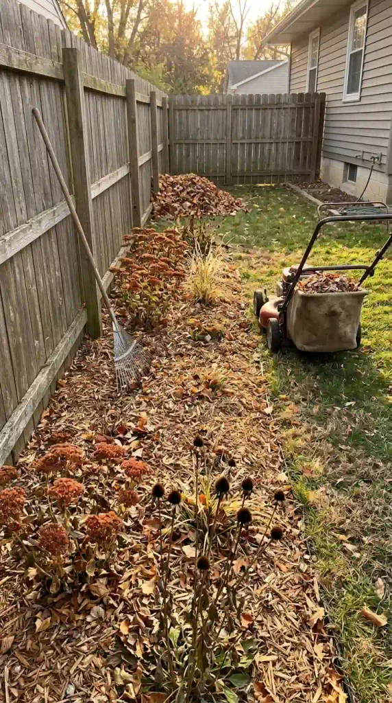 Shredded leaf mulch around sedum and coneflower seed heads in a fall garden bed