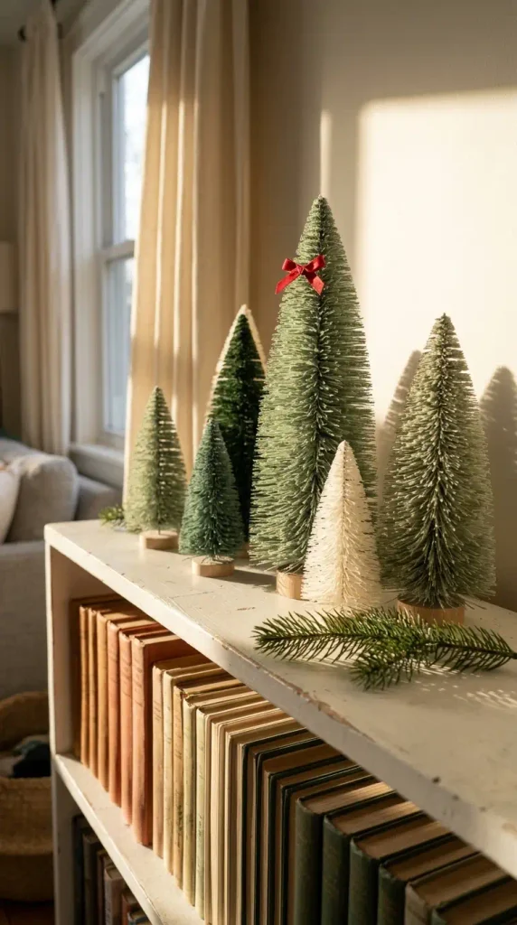 Six sisal bottle brush trees on a bookcase shelf as a small space Christmas tree option