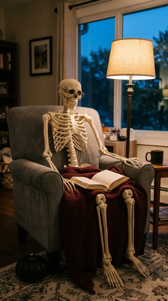 Skeleton dressed in a throw and reading glasses in an armchair, a funny Halloween living room idea