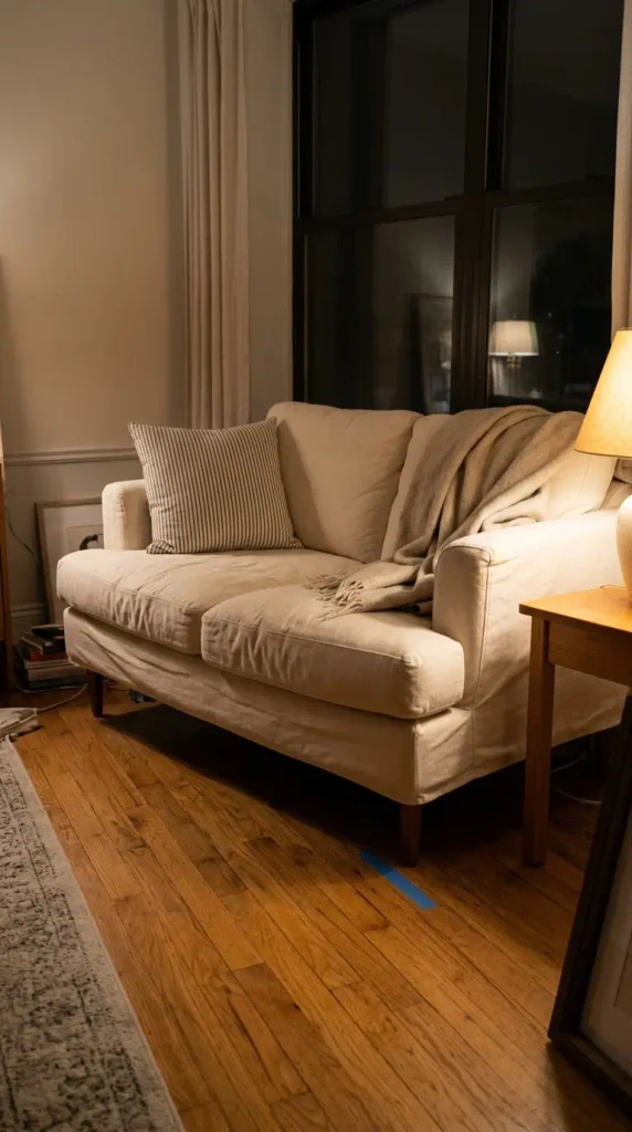 Slipcovered loveseat on wood legs in a small modern farmhouse living room at night