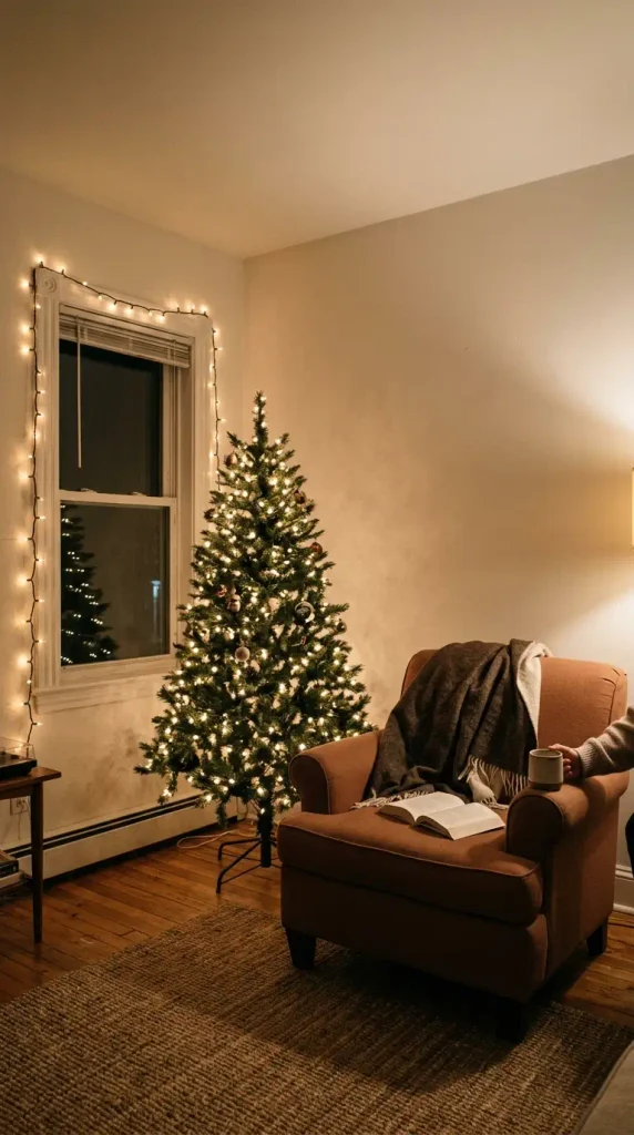 Small apartment corner lit with warm white Christmas lights on a tree and window