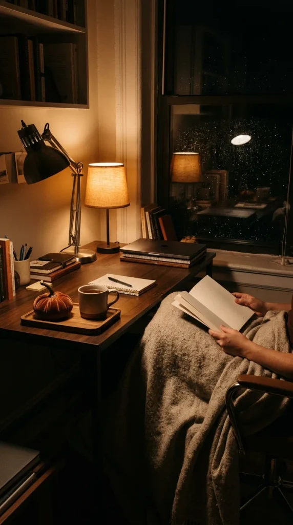Small apartment desk corner turned reading spot at night with a closed laptop and an open book
