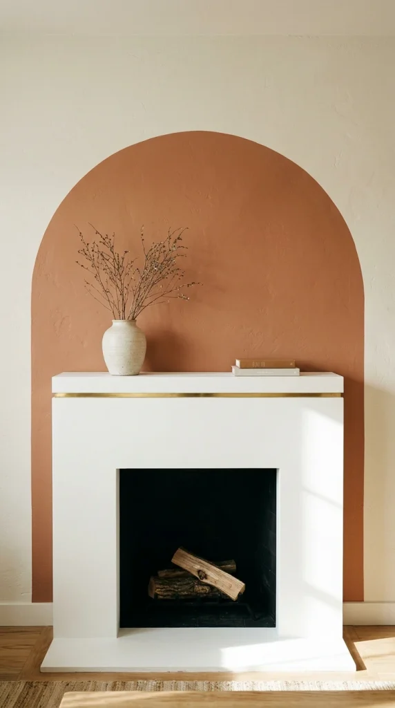 Small apartment fireplace framed by a painted clay fan arch in Neo Deco style