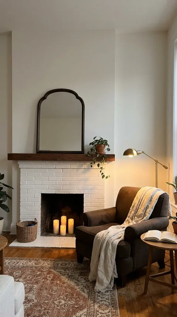 Small apartment fireplace makeover with a white brick surround, leaning arched mirror, LED candles, and an angled armchair