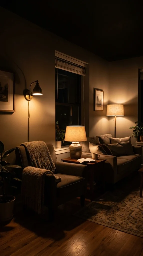 Small apartment living room lit by three warm lamps at night