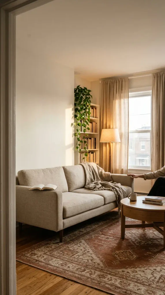 Small apartment living room with a linen sofa on legs, a large rug, high curtains and a warm floor lamp