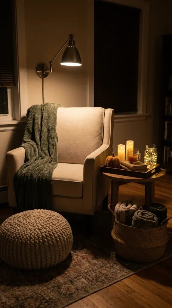 Small apartment reading chair with a sage throw, felted pumpkin, and a glowing jar of LED string lights