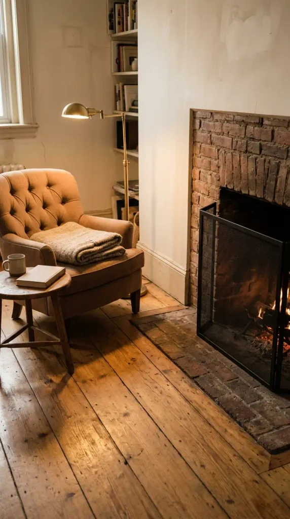 Small apartment reading corner set three feet back from a working fireplace