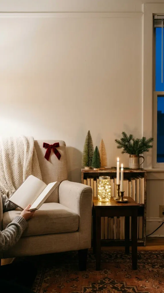 Small apartment reading corner with holiday decor, jar lights, flameless tapers, and bottle brush trees