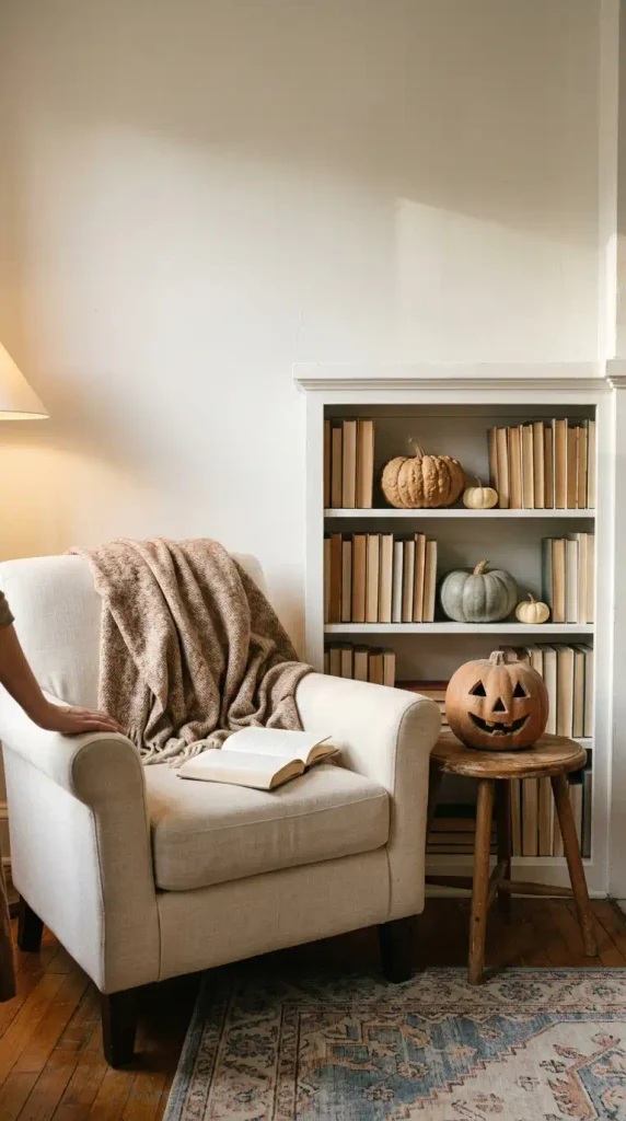 Small apartment reading corner with vintage pumpkins on a bookcase and a lamp-lit linen armchair