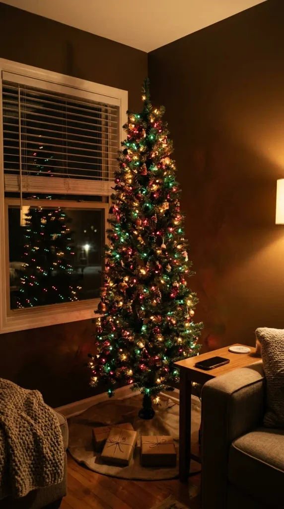Small apartment tree with smart Christmas lights glowing red, green, and gold at night