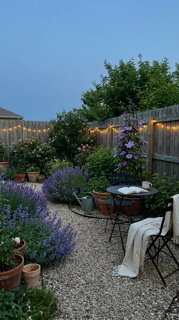 Small backyard cottage garden at dusk with a bistro set, string lights, lavender, and a clematis obelisk