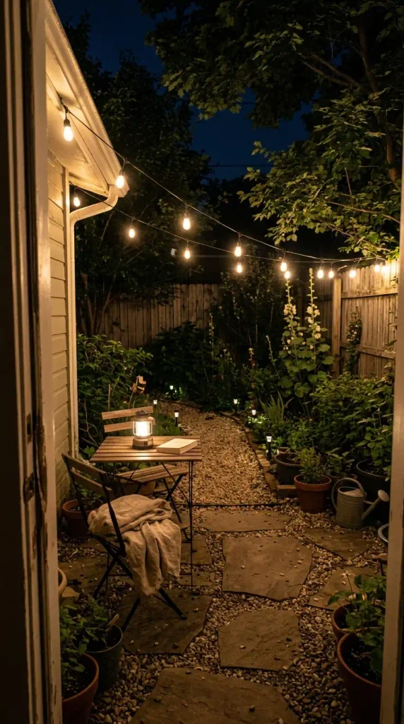 Small backyard cottage garden at night lit by warm string lights, a lantern, and path stake lights