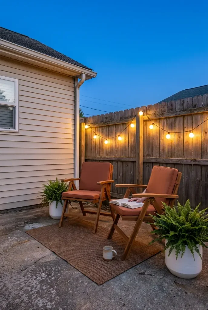 Small backyard oasis on a concrete patio with two folding chairs, a rug, planters, and glowing globe string lights