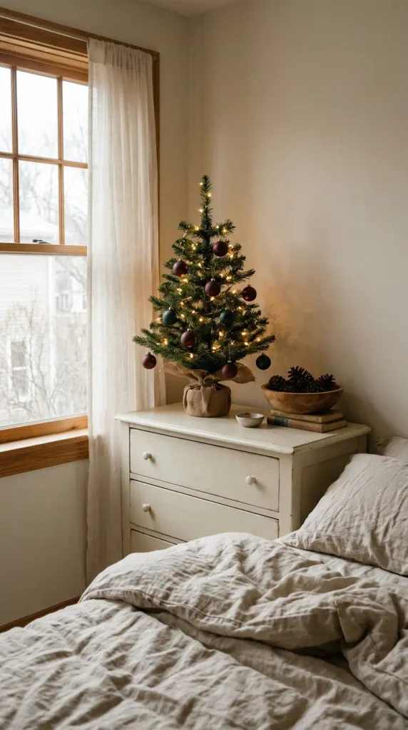 Small bedroom Christmas tree on a dresser with warm lights and burgundy ornaments beside a window