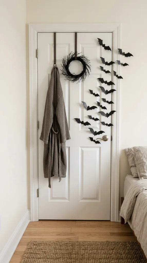 Small bedroom Halloween decor on the back of a door with paper bats and a black wreath on an over-door hook