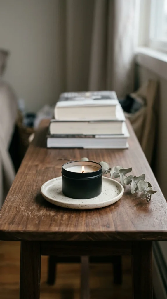 Small black tin fall candle on a ceramic dish atop a side table in a studio apartment