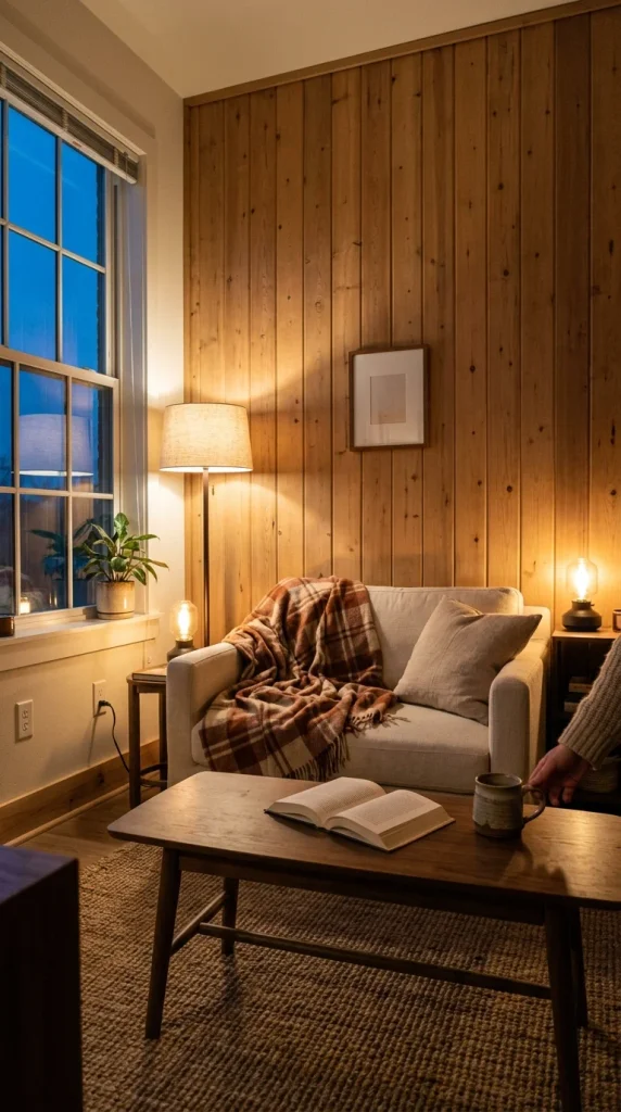 Small cabin living room at dusk with warm lamps, a wool plaid throw, and a wood coffee table