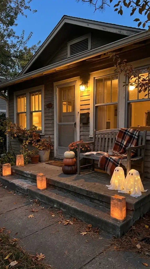 Small front porch with friendly DIY outdoor Halloween decorations, glowing ghosts, painted pumpkins, and paper luminaria