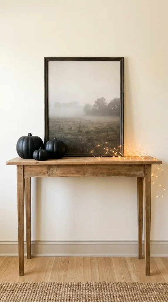 Small living room Halloween decor on a console table used as a mantel with black pumpkins and fairy lights