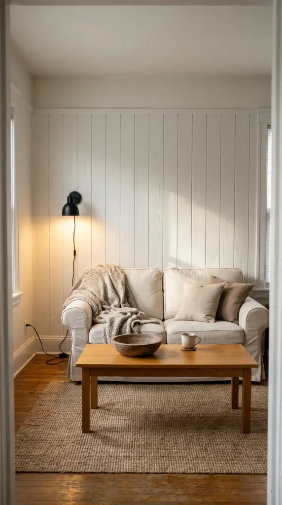 Small modern farmhouse living room with a slipcovered loveseat, shiplap accent wall, jute rug, and black wall lamp