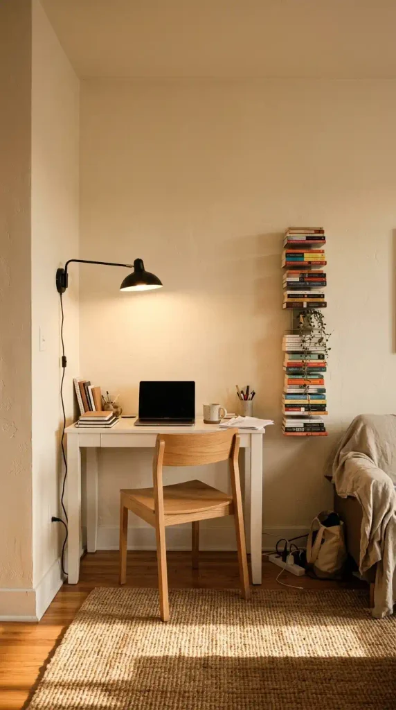 Small office in a tiny apartment corner with a narrow desk, plug-in wall sconce, and armless oak chair