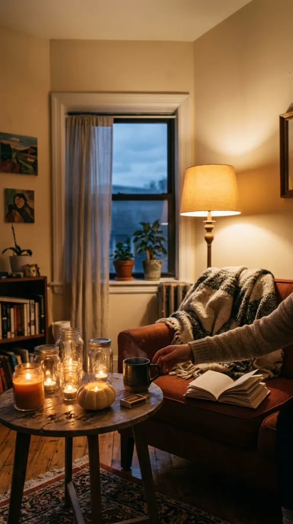 Small reading corner with a fall candle cluster of jar candles, tea lights, and a mini pumpkin by an armchair