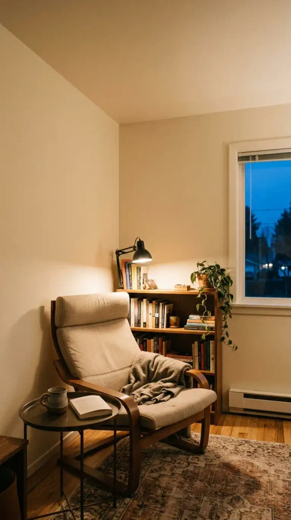Small reading nook for adults with a high-back armchair, tray table, and clamp lamp in an apartment corner