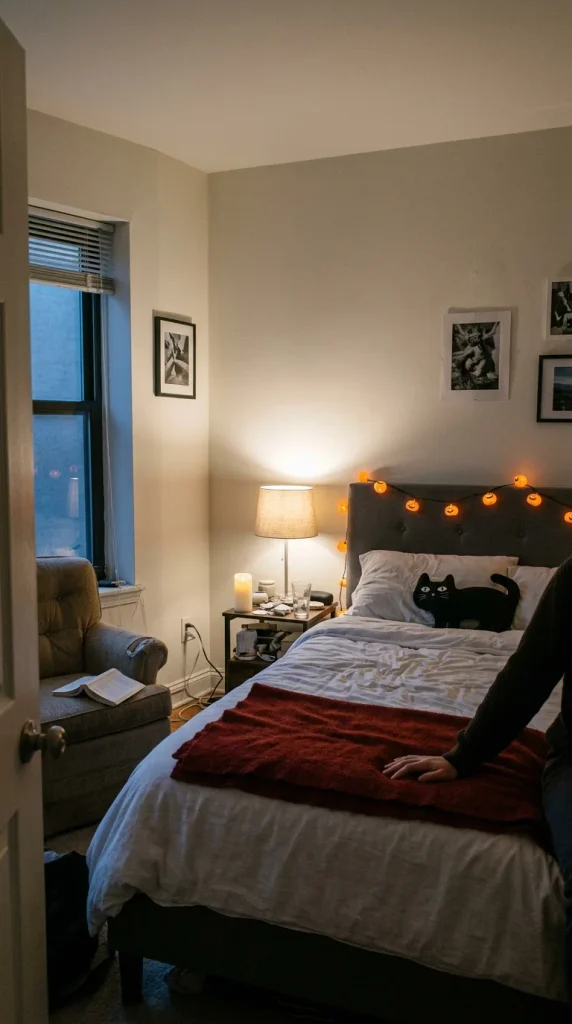 Small rental Halloween Decorations for Your Bedroom, pumpkin lights on the headboard, a black cat pillow and a reading chair