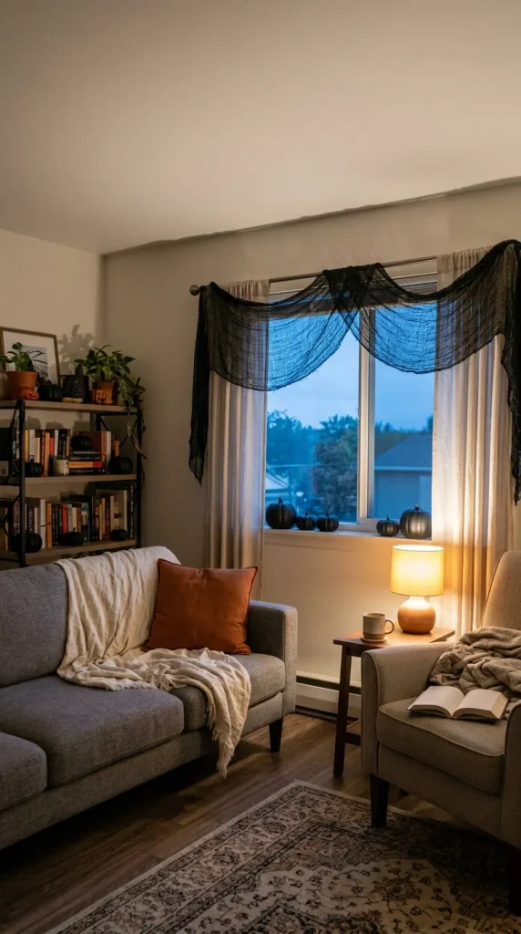Small rental living room Halloween decor with black curtain gauze, black mini pumpkins and a warm lamp at dusk