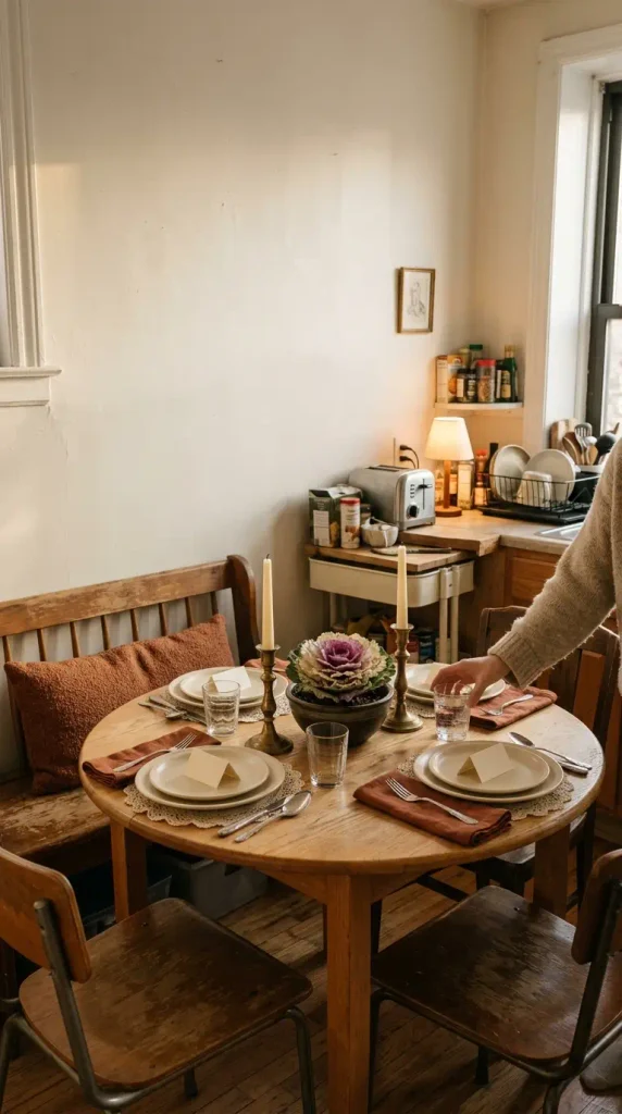 Small round table set with a low Thanksgiving tablescape for small spaces, brass candlesticks and ornamental cabbage