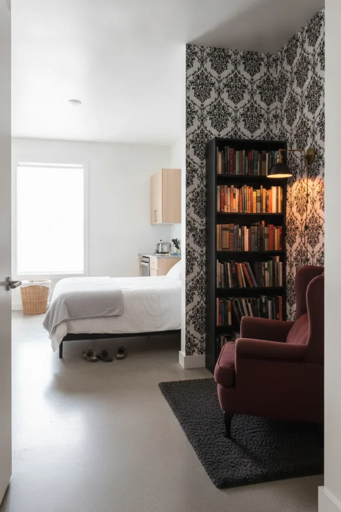 Small studio apartment with a dark gothic library corner beside a bright white living space