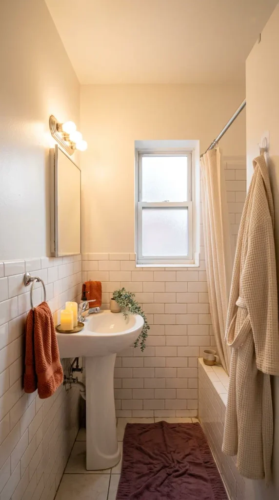 Small white tile bathroom with persimmon towels, faux eucalyptus, and LED candles as fall bathroom decor