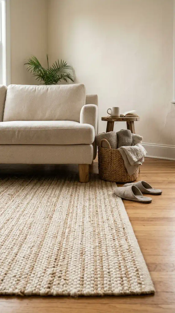 Sofa front legs resting on a large rug in a small apartment living room