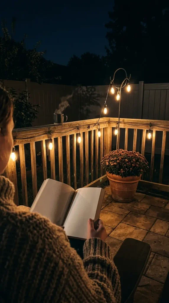 Solar Edison string lights over a small fall garden patio at night