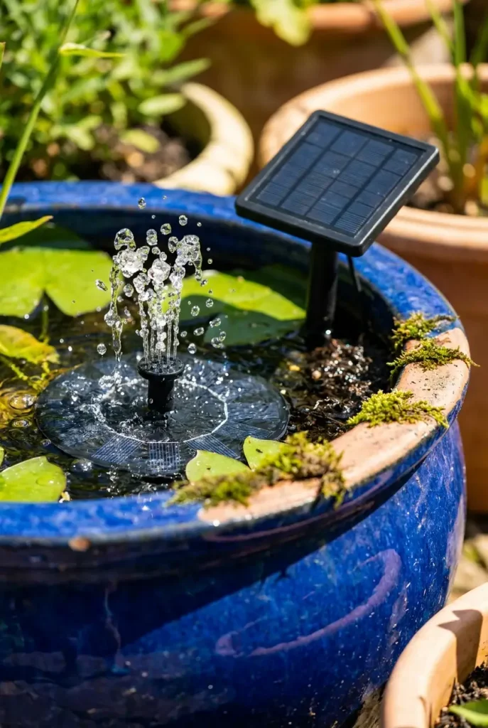 Solar fountain bubbling in a blue glazed pot, a small water feature for a budget backyard