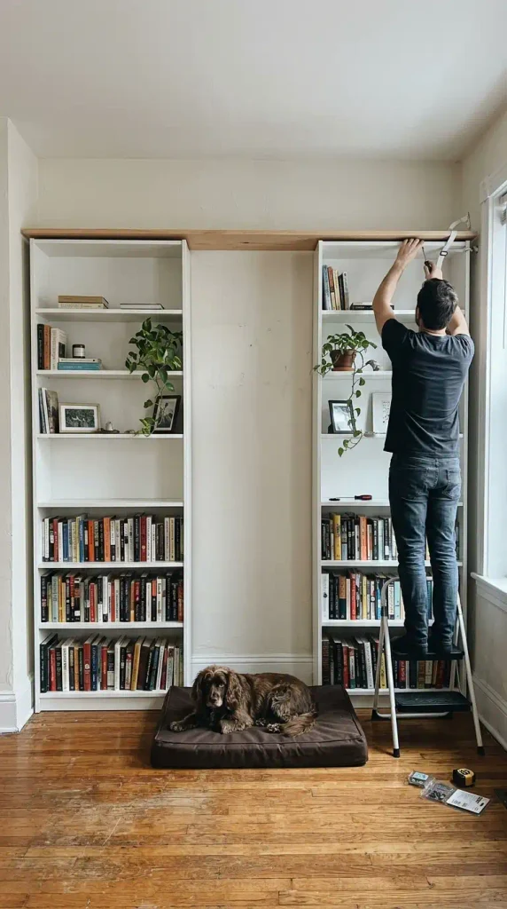 Spaniel mix in a dog den between two anchored white bookcases joined by a board across the top
